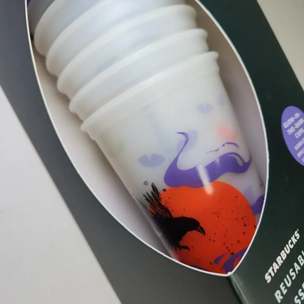 Starbucks Reusable Hot Cups‎ Glow In the Dark Set of 6 with Lids 2022